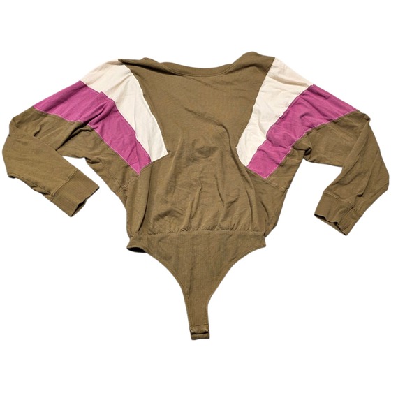 Free People Intimately Olive Green/Brown Pink Cream Bodysuit Long Sleeve - Picture 1 of 9